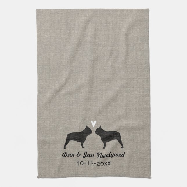 French Bulldog Silhouettes with Heart and Text Tea Towel (Vertical)