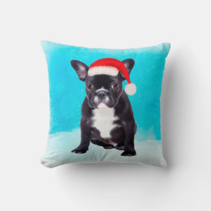 French Bulldog Sitting In Snow With Santa Hat Cushion
