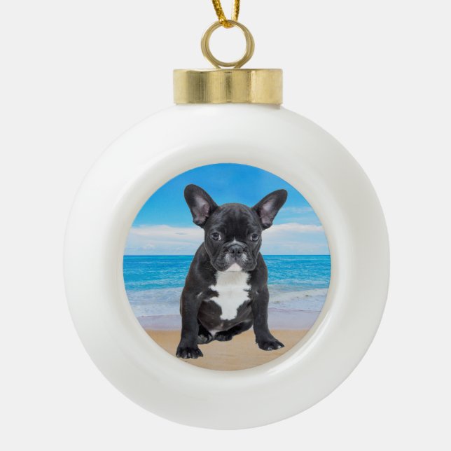 French Bulldog Sitting On Beach Ceramic Ball Christmas Ornament (Front)