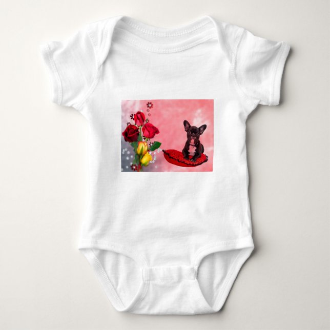 French Bulldog Sitting on Heart Pillow and Flowers Baby Bodysuit (Front)