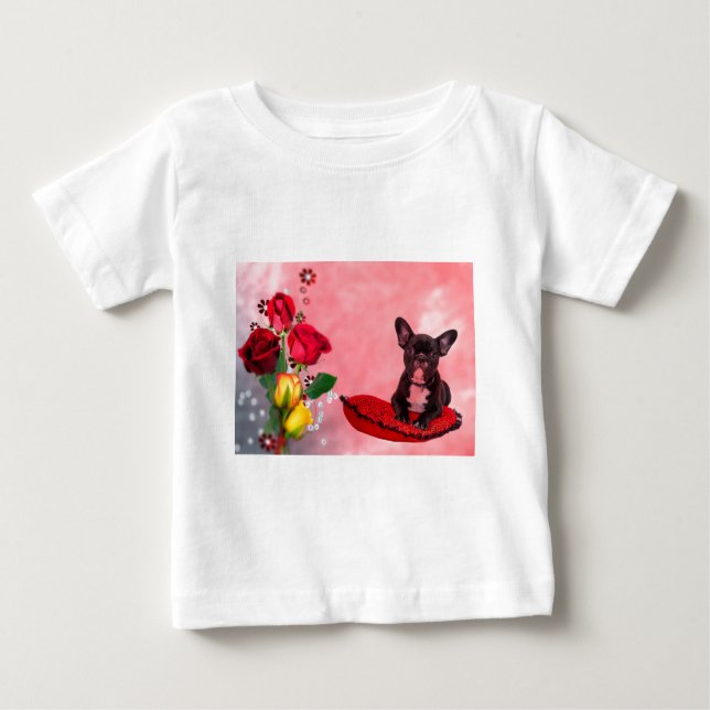 French Bulldog Sitting on Heart Pillow and Flowers Baby T-Shirt (Front)
