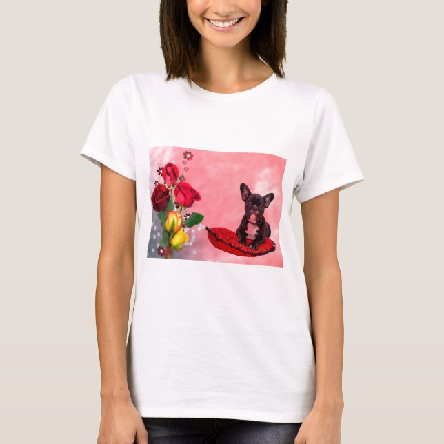 French Bulldog Sitting on Heart Pillow and Flowers T-Shirt (Front)