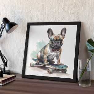 French Bulldog sitting on skateboard Poster