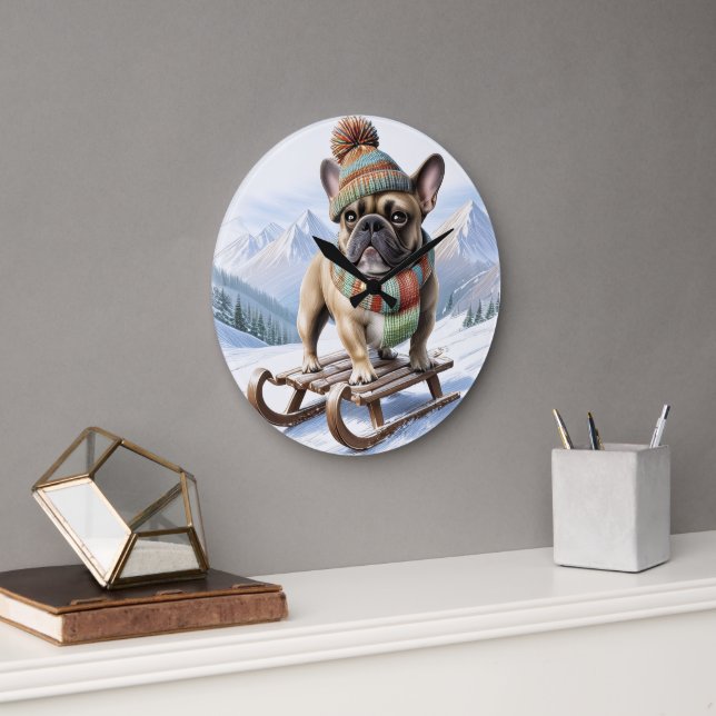 French Bulldog sled ride Bulldog Large Clock (Office)