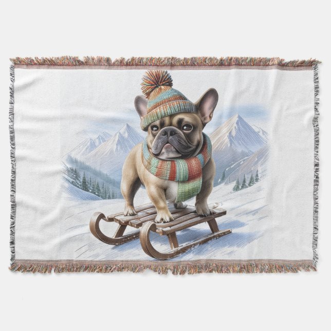 French Bulldog sled ride Bulldog Throw Blanket (Front)