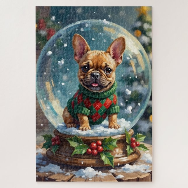 French Bulldog Snow Globe Christmas Sweater Jigsaw Puzzle (Vertical)