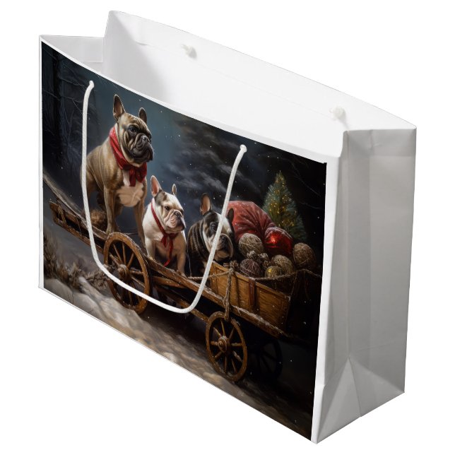 French Bulldog Snowy Sleigh Christmas Decor Large Gift Bag (Front Angled)