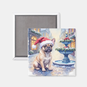 French Bulldog Snowy Town Fountain Santa Christmas Magnet