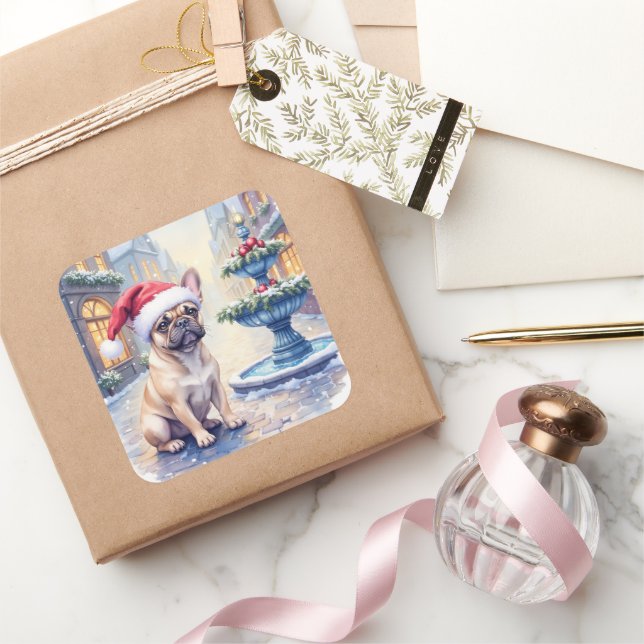 French Bulldog Snowy Town Fountain Santa Christmas Square Sticker (Gifting)