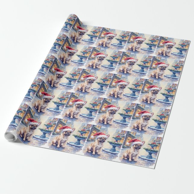 French Bulldog Snowy Town Fountain Santa Christmas Wrapping Paper (Unrolled)