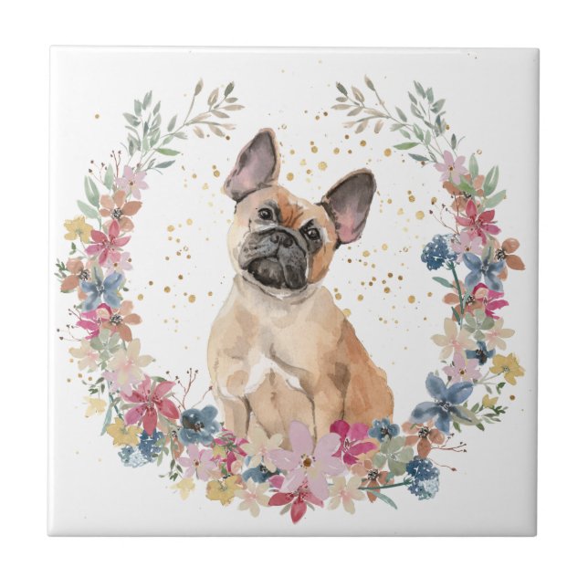 French Bulldog Spring Flowers Wreath Ceramic Tile (Front)