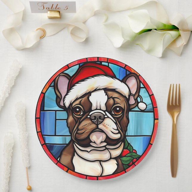 French Bulldog Stained Glass Christmas  Paper Plate (Wedding)