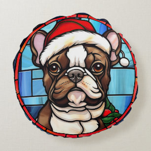 French Bulldog Stained Glass Christmas  Round Cushion