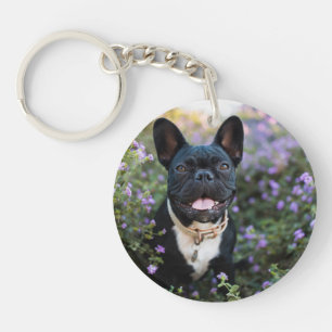 French Bulldog Stands in Flowers Key Ring