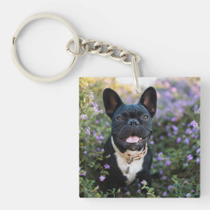 French Bulldog Stands in Flowers Key Ring
