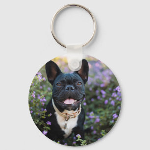 French Bulldog Stands in Flowers Key Ring