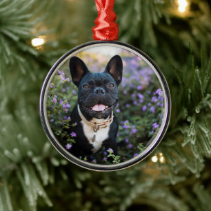 French Bulldog Stands in Flowers Metal Ornament
