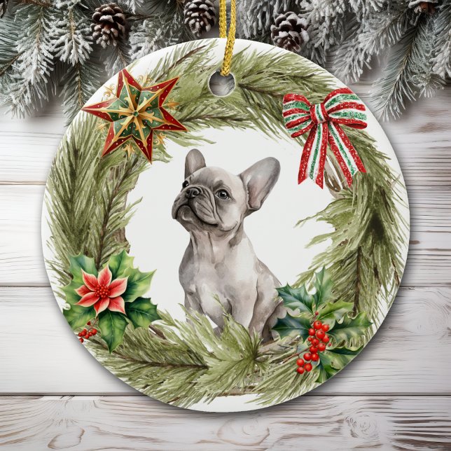 French Bulldog Star Bow Wreath Ceramic Ornament (Creator Uploaded)
