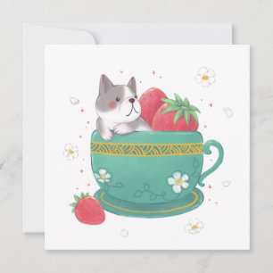 French Bulldog, Strawberries & Cup Illustration Invitation