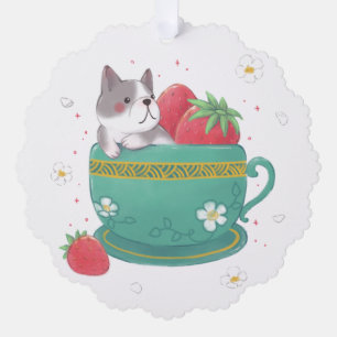 French Bulldog, Strawberries & Cup Illustration Tree Decoration Card