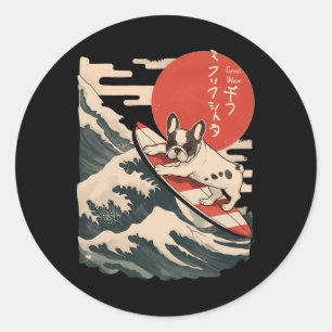 French Bulldog Surfing Japanese _7 Classic Round Sticker