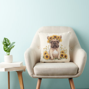 French Bulldog Surrounded By Sunflowers Cushion