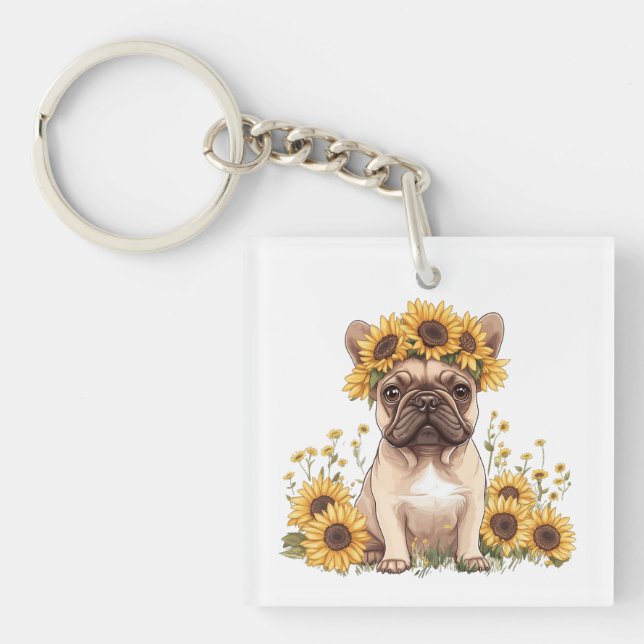 French Bulldog Surrounded By Sunflowers Key Ring (Front)