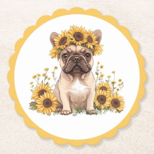 French Bulldog Surrounded By Sunflowers Paper Coaster