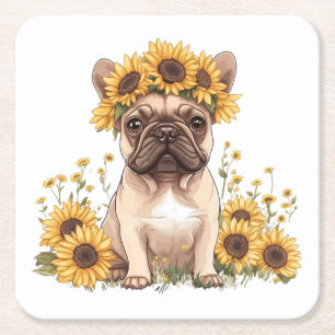 French Bulldog Surrounded By Sunflowers Square Paper Coaster