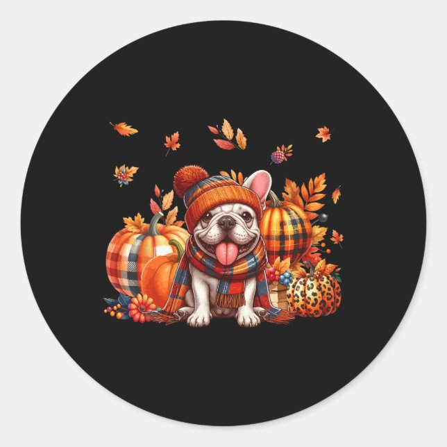 French Bulldog Thanksgiving Leopard Pumpkins Fall  Classic Round Sticker (Front)