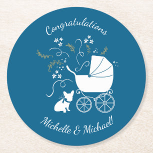 French Bulldog Theme Party - Baby Shower Blue Round Paper Coaster