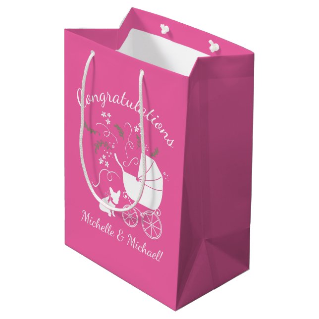 French Bulldog Theme Party - Baby Shower Pink Medium Gift Bag (Back Angled)