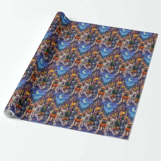 French Bulldog Trick-or-Treating Halloween Costume Wrapping Paper (Unrolled)