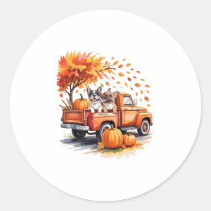French Bulldog Truck Pumpkin Autumn Fall Leaves Th Classic Round Sticker