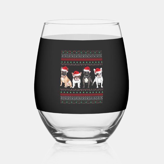 French Bulldog Ugly Christmas Sweater Essential T- Stemless Wine Glass (Front)