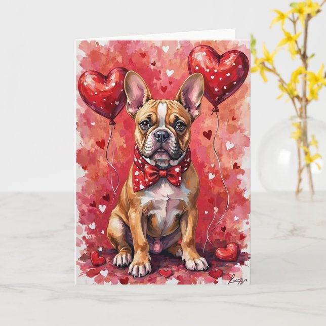 French Bulldog Valentine’s Day Dog with Hearts Red Card (Yellow Flower)