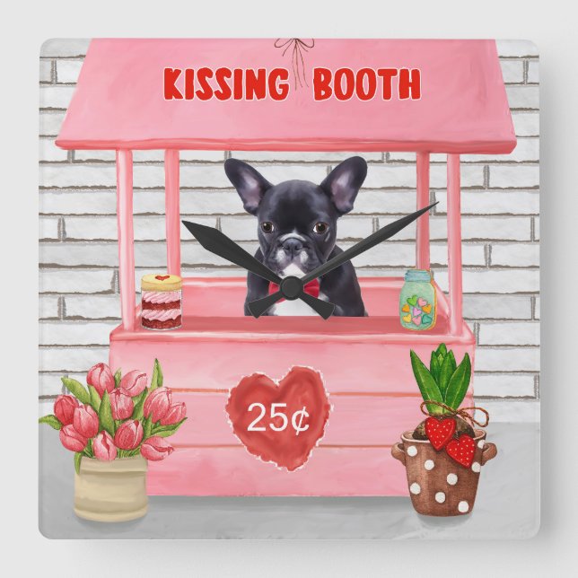 French Bulldog Valentine's Day Kissing Booth Square Wall Clock (Front)