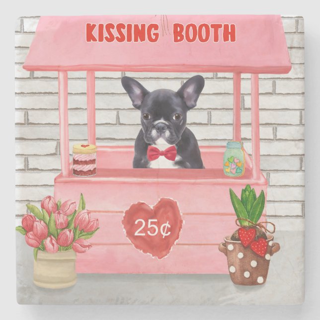 French Bulldog Valentine's Day Kissing Booth Stone Coaster (Front)