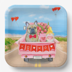 French Bulldog Valentine's Day Truck Paper Plate