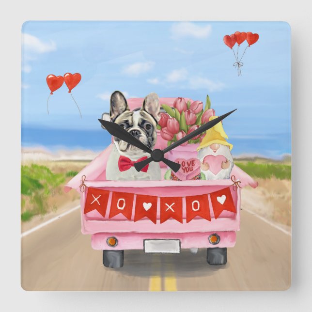 French Bulldog Valentine's Day Truck Square Wall Clock (Front)