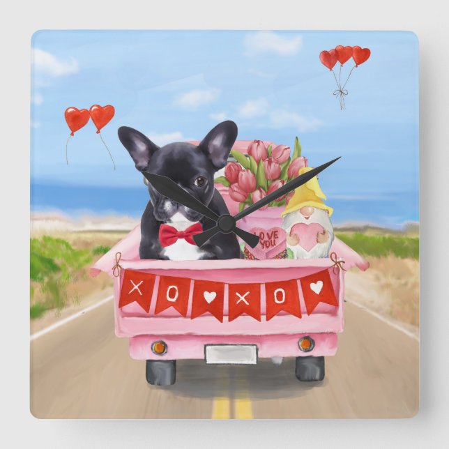 French Bulldog Valentine's Day Truck Square Wall Clock (Front)