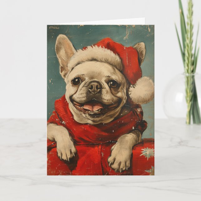 French Bulldog vintage personalised Christmas Holiday Card (Front)
