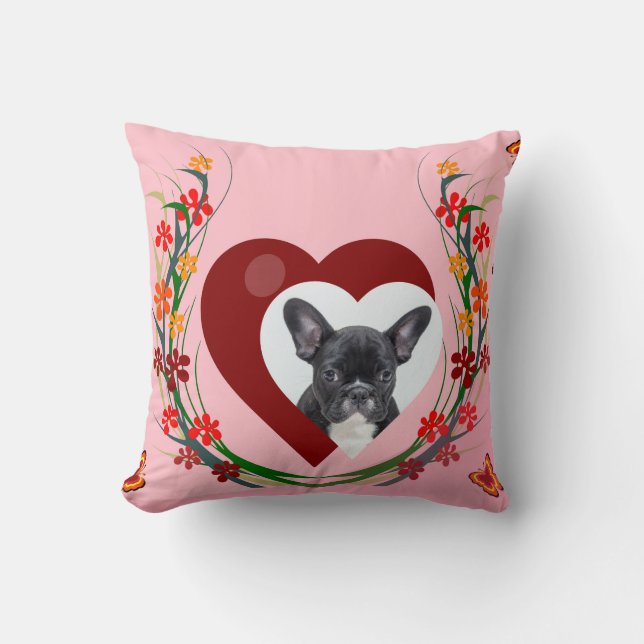 French Bulldog w Heart Flowers Butterflies Pillow (Front)
