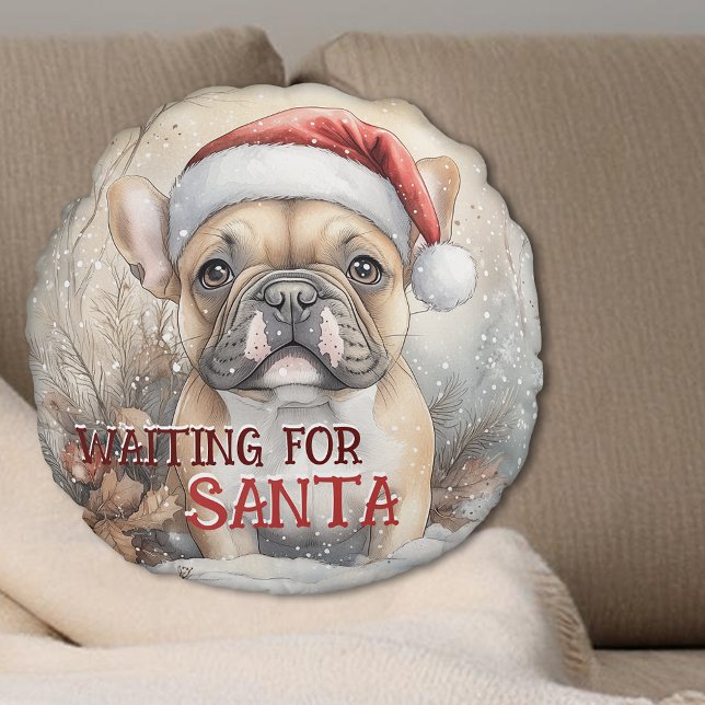 French Bulldog Waiting For Santa Christmas Round Cushion (French Bulldog Waiting For Santa Christmas Round Pillow - Personalize with your own message)