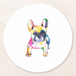 French Bulldog Watercolor Hand Draw For Dog Lover Round Paper Coaster