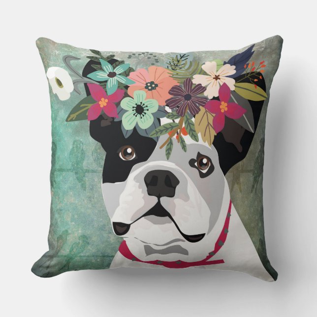 French Bulldog Wearing a Flower Crown Cushion (Front)