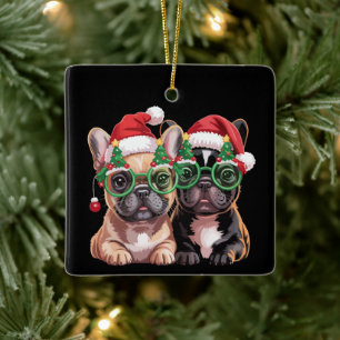French Bulldog Wearing Christmas Tree Glasses Ceramic Ornament