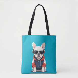 French Bulldog Wearing Hoodie Funny Cool Music Tote Bag