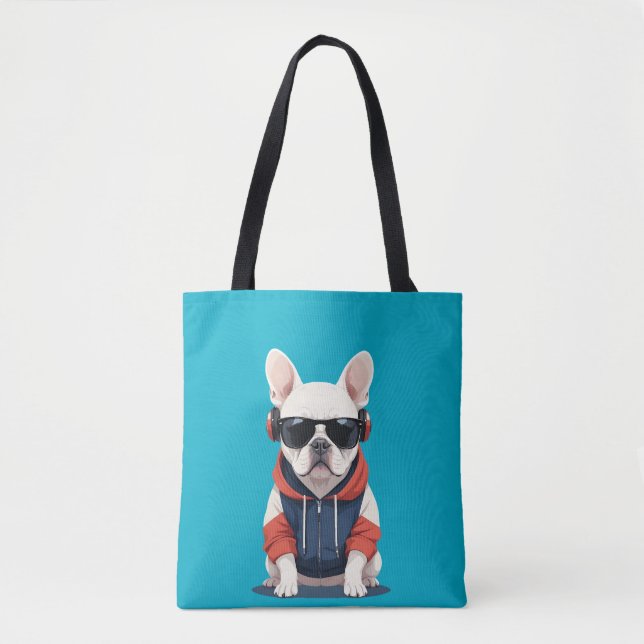 French Bulldog Wearing Hoodie Funny Cool Music Tote Bag (Front)