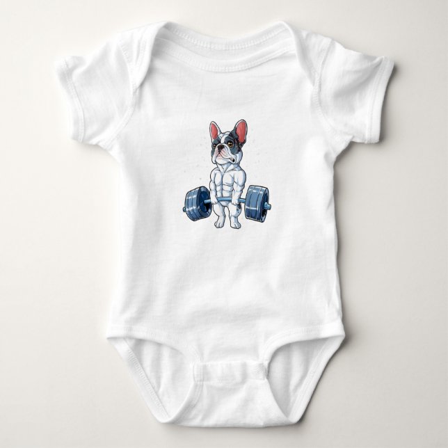 French Bulldog Weightlifting Funny Deadlift Gym Baby Bodysuit (Front)